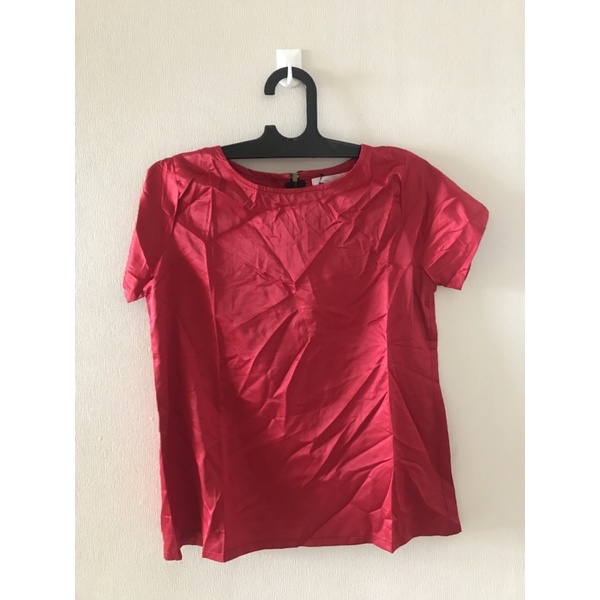 kaos tangan lengan pendek blouse blus atasan wanita casual merah terang lipstick