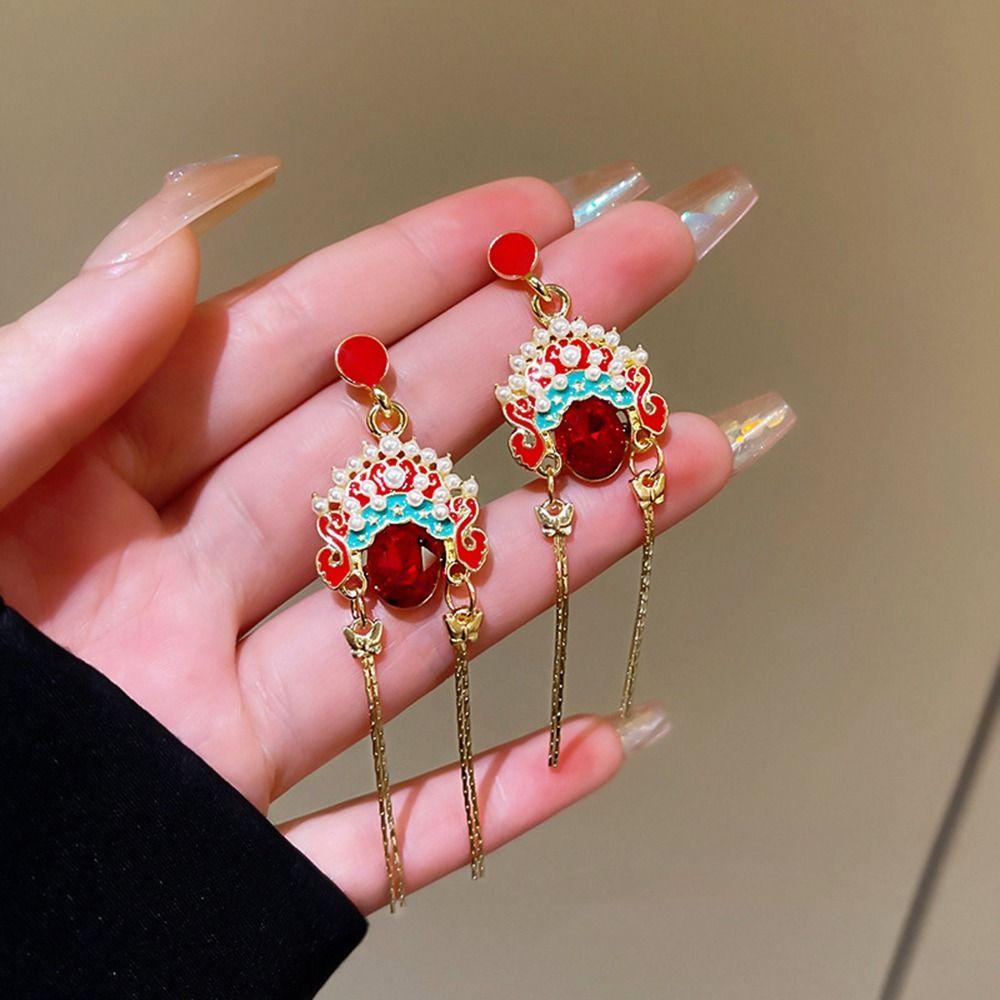 Mxbeauty Anting Tusuk Gantung Rantai Panjang Wanita Hias Mutiara Gaya Beijing Opera China Untuk Hadiah