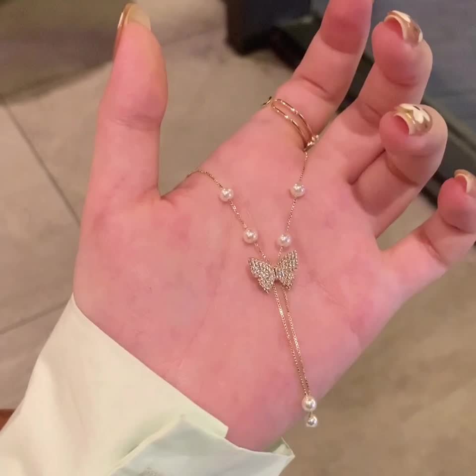 YEEZII Kalung Rantai Choker Liontin Kupu-Kupu Hias Mutiara Kristal Untuk Wanita