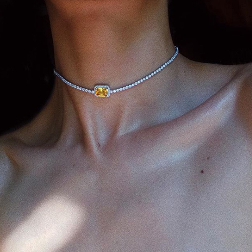 Hu Hu Hu Hu Hu Alat Bantu Pasang Kacamata♡ Kalung Choker Rantai Klavikula Dengan Liontin Berlian Imitasi Bentuk Persegi Untuk Wanita