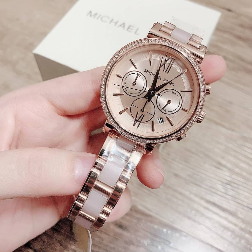 Jam Tangan Michael Kors MK6560 Sofie Chronograph Rose Gold Dial Dual Tone Stainless Steel Strap Original