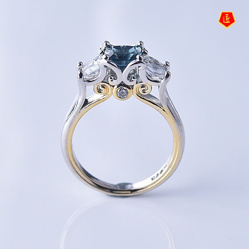 [Ready Stock]14K Gold Two-Color Navy Blue Topaz Square Diamond Ring for Women