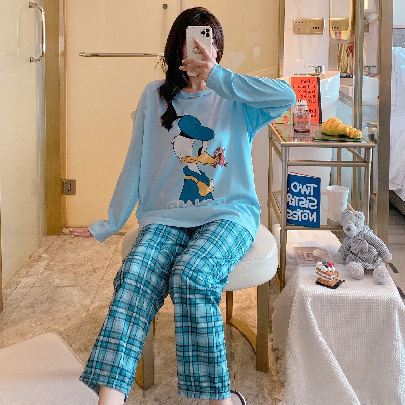 Setelan Piyama Oversize Bahan katun Adem Lengan Panjang Setelan Baju Tidur Wanita Oversize Piyama Pakaian Tidur Wanita Set Piyama Wanita Dewasa Motif Imut Karakter Kartun-1