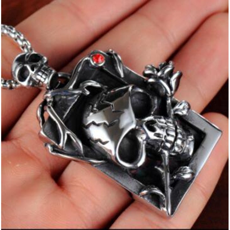 Men Gothetic Necklace Human Head Skull &amp; Withered Rose Pendant Charm Necklace