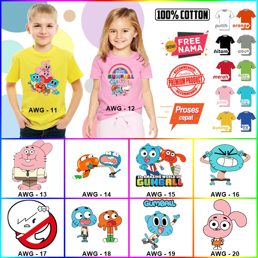 Baju Kaos ANAK DAN DEWASA AMAZING WORLD OF GUMBALL COUPLE (FREE NAMA)