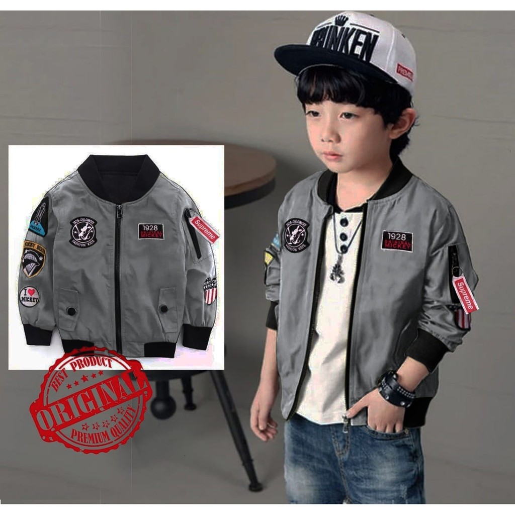 TOTOTAshop.Jaket bomber kids MICKIY,Bahan parasut mayer premium,logo bordir fit 5-7thn