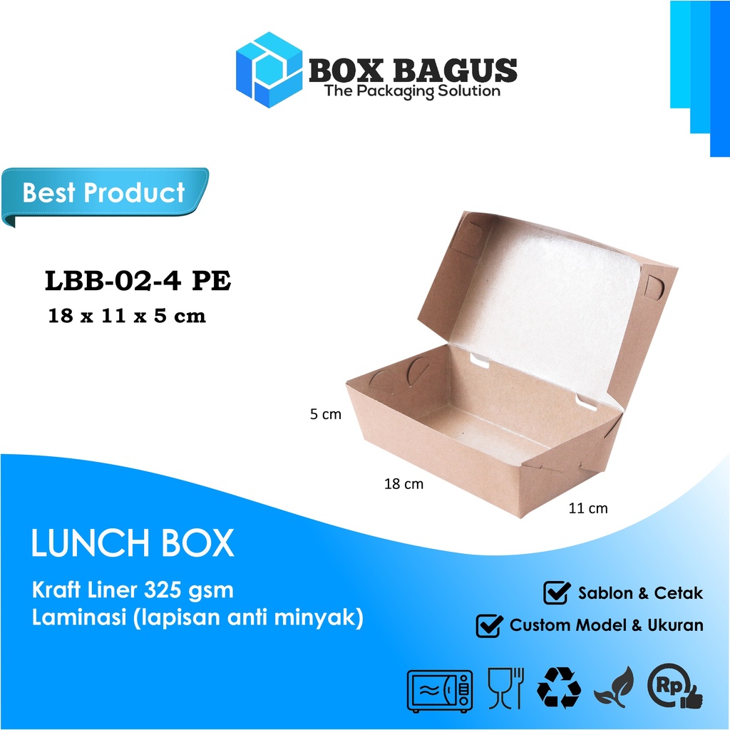 LUNCH BOX (L) 18x11x5 KRAFT 325 GSM LAMINASI - DUS KOTAK HAMPERS MAKANAN NASI MIE BUBUR KUE SNACK