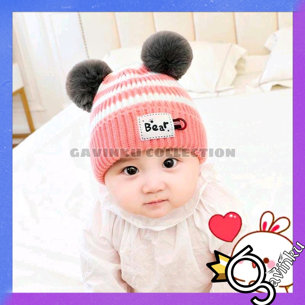 Topi Kupluk Bayi Laki Laki Perempuan Baru Lahir Bear Belang Newborn Model Pom Pom Jambul Rajut Lucu Murah Umur 0 1 2 3 4 5 6 7 8 9 10 11 12 Bulan 1 Tahun Thn Ears Cap