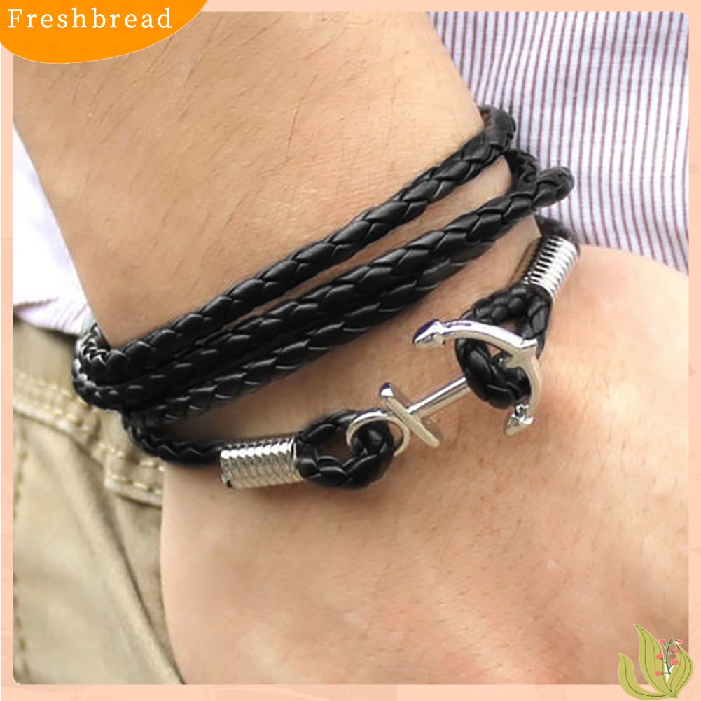 ? Fresh ? Gelang Bangle Kulit Imitasi Kepang Multilayer Motif Jangkar untuk Pria