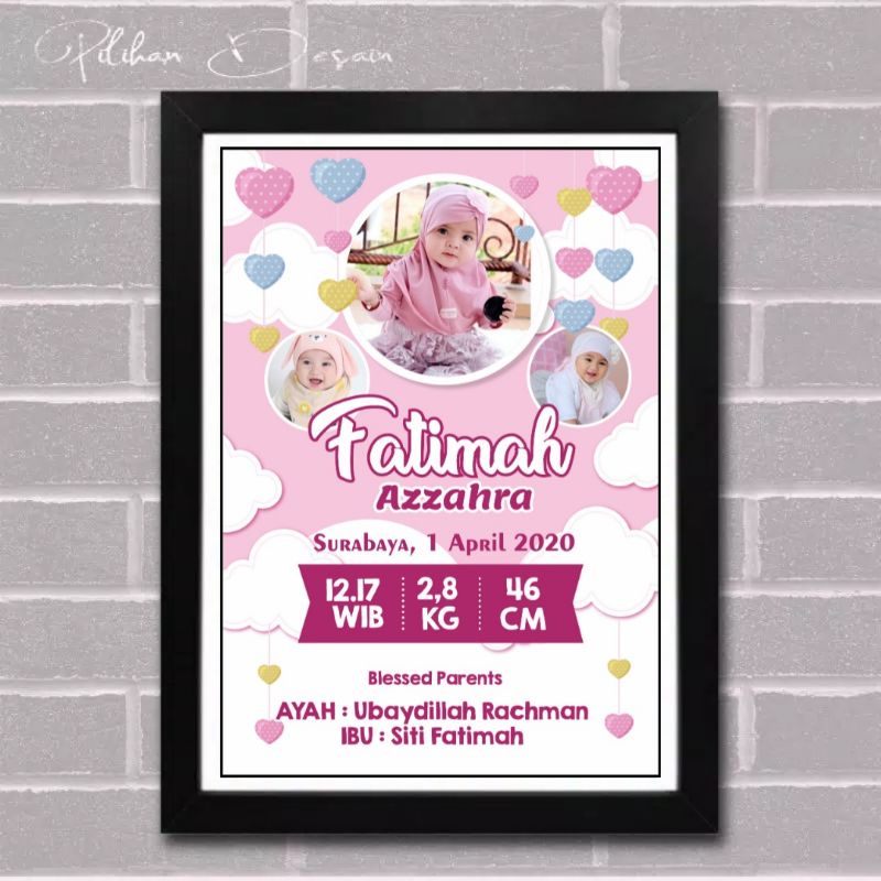 FRAME KACA + CETAK + DESAIN foto biodata anak bayi hadiah gift kado hampers lahiran melahirkan unik