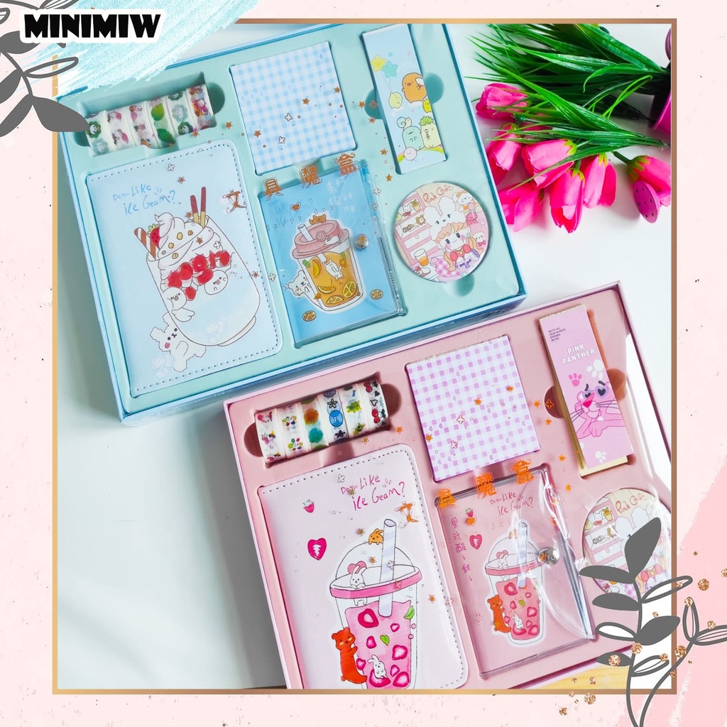 PAKET JURNAL 6 IN1 BOBA WARNA WARNI  STICKER UNIK ALAT JURNALING LUCU IMUT KARAKTER GAMBAR GIFT BOX