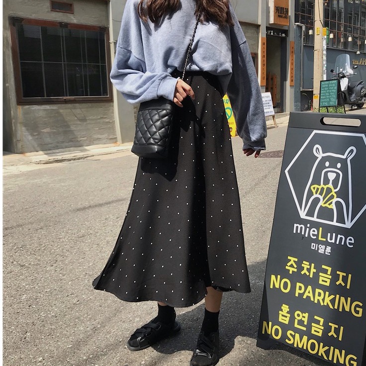 Hitam midi Pinggang Tinggi skirt Rok Putri Duyung Wanita Pola Polka Dot