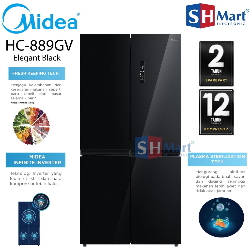 KULKAS SIDE BY SIDE 4 PINTU MIDEA HC-889WE / HC889WE HC-889GV HC889GV INVERTER HEMAT LISTRIK GARANSI RESMI (MEDAN)