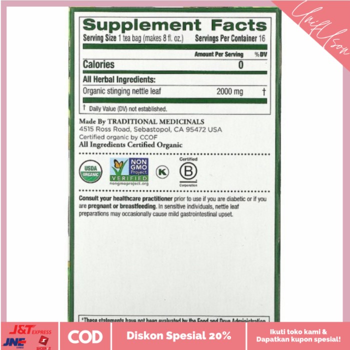

⭐COD⭐ Traditional Tea Organic Nettle Leaf isi 16 Tea Bags