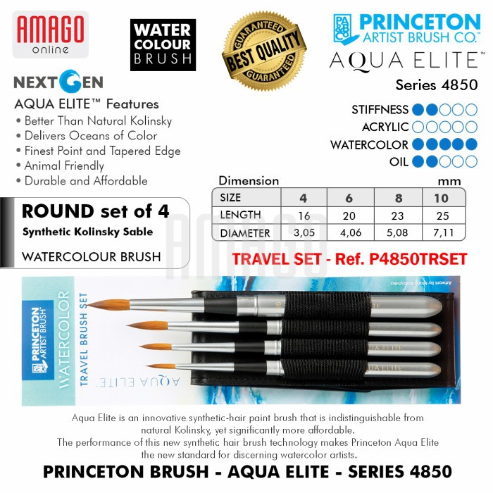 KUAS - PRINCETON AQUA ELITE WATERCOLOUR BRUSH - 4 PCS ROUND TRAVEL SET