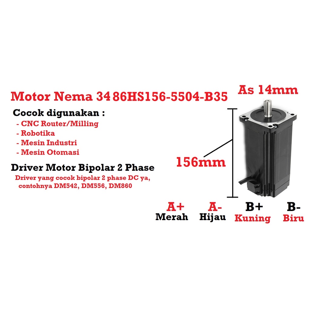 [HAEBOT] Motor Stepper Nema 34 86HS156 12Nm 156mm 5A Shaft 14mm CNC Laser Router Plasma Milling High Torque Mesin Robot Induksi Slider Mekanik Bipolar 2 Phase Fasa Coil Dinamo Penggerak