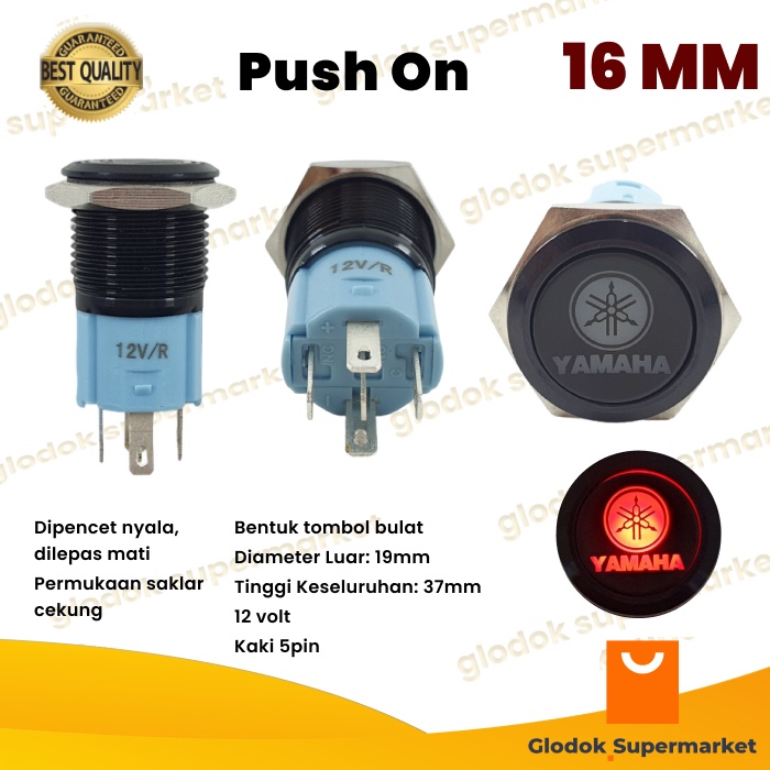 Switch Metal 16mm Push On 5 Pin Logo Yamaha Saklar Klakson Stainless 16 mm LED Tombol Motor Momentary 12v