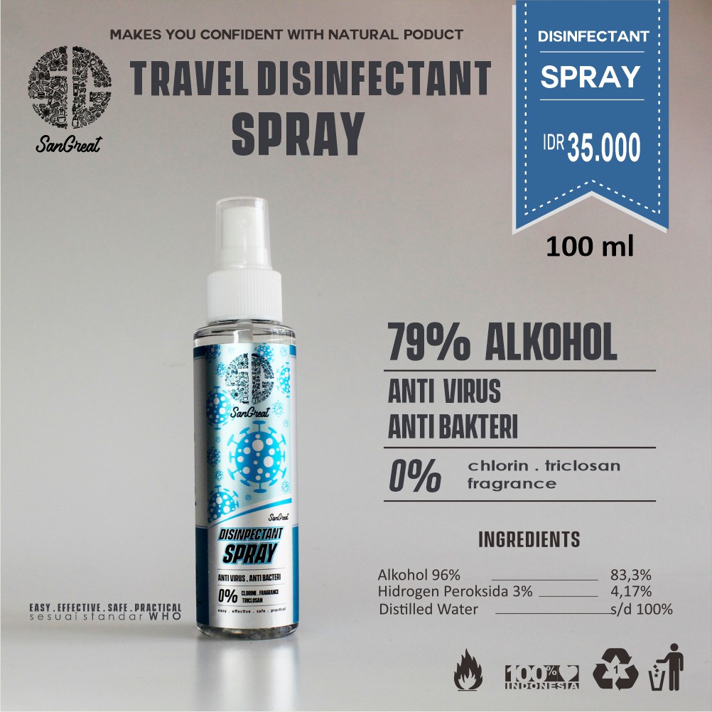 SanGreat Disinfectant Spray Travel Size 100 ml  Anti Virus Anti Bakteri