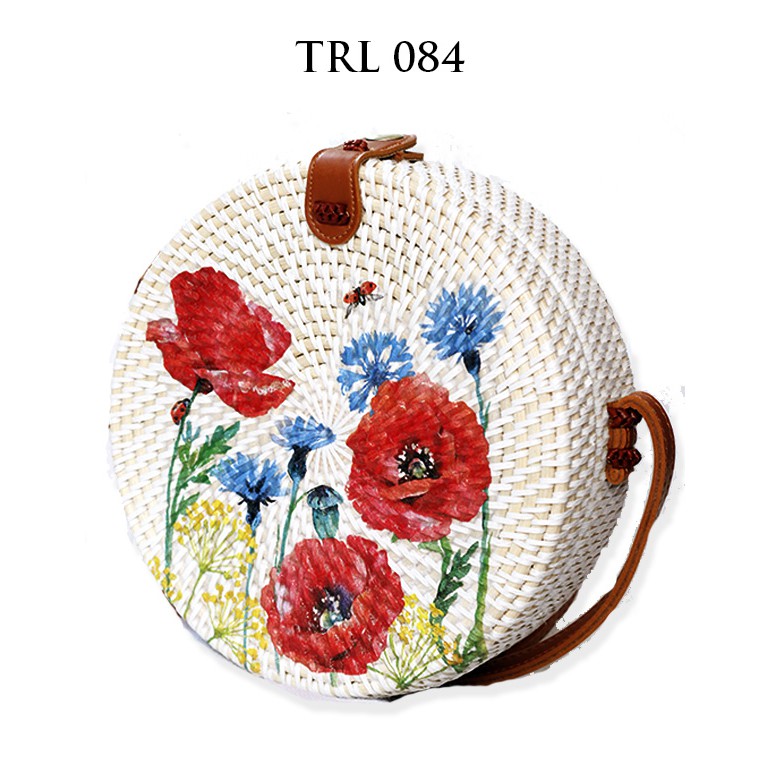 

Grosir Tas Rotan Bali Bulat Decoupage Lukis Motif Bunga TRL084 Diameter 20cm