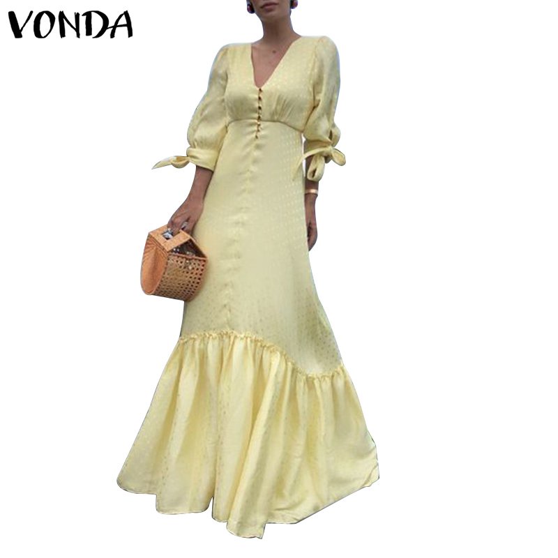 Vonda Women Sexy 3/4 Sleeve Solid Color Party Deep V Neck Pleated Long Maxi Dress