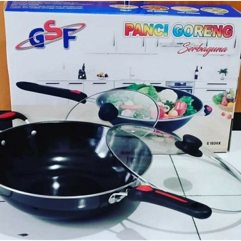 Panci Wajan Enamel Penggorengan Serbaguna Teflon Tutup Kaca GSF