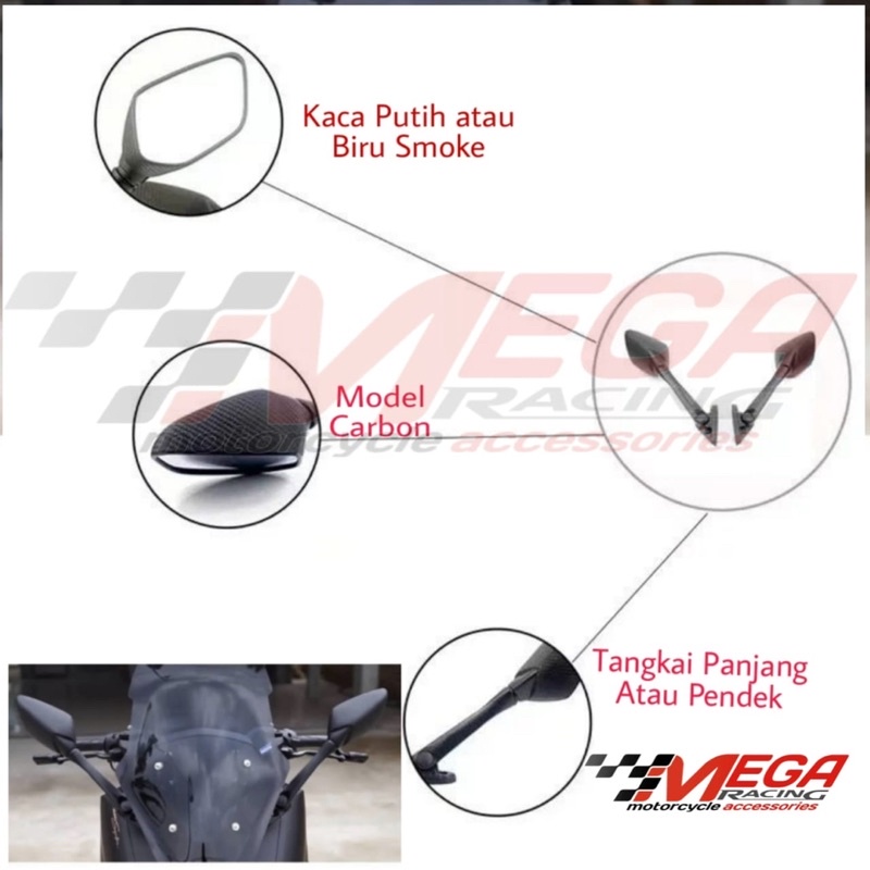 Spion Model R25 Panjang Karbon Lipat Kaca Biru &amp; Putih Batok Carbon Motor CBR Ninja Nmax Lexi Pcx