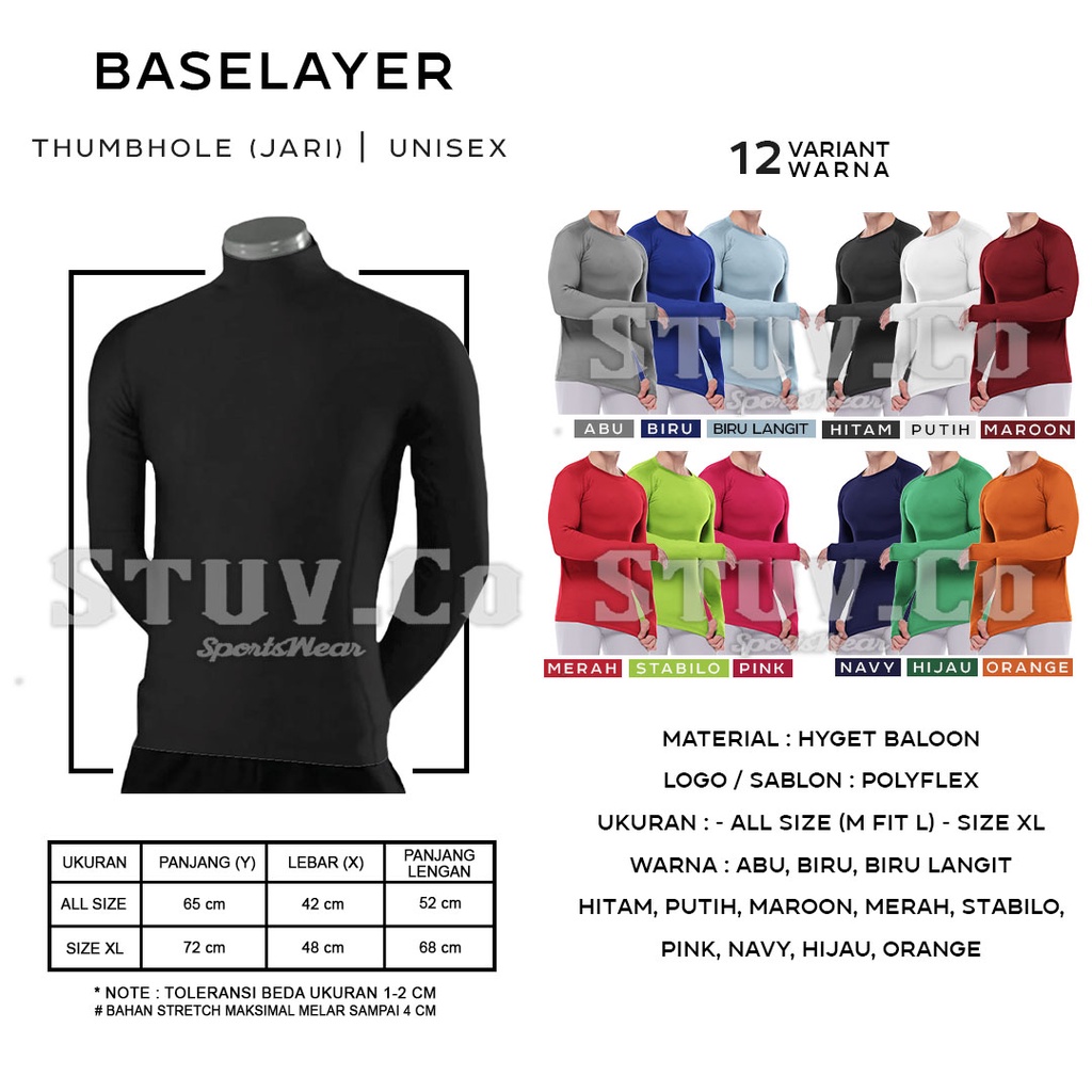 BASELAYER LONGSLEEVE THUMBHOLE LENGAN PANJANG JARI RENANG DIVING HIKING LATIHAN GYM FITNESS