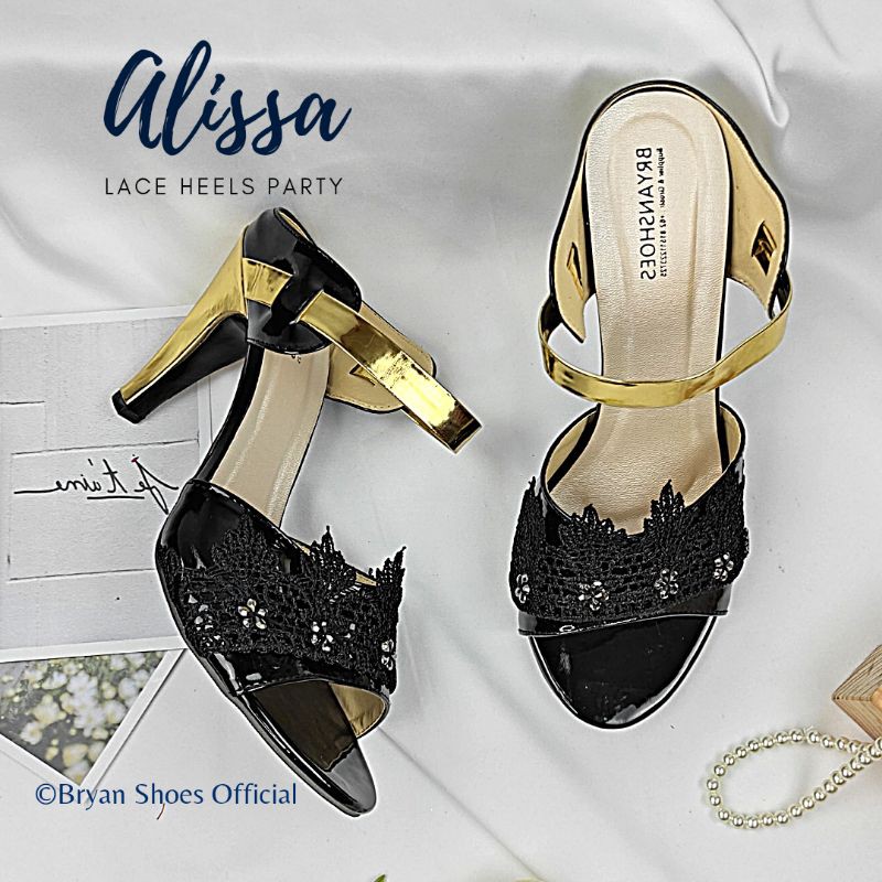 Bryan Alissa Heels Pesta Glossy 9cm Renda Brokat Brukat Mote Sepatu Hak Pump Sol List Glossy Gold