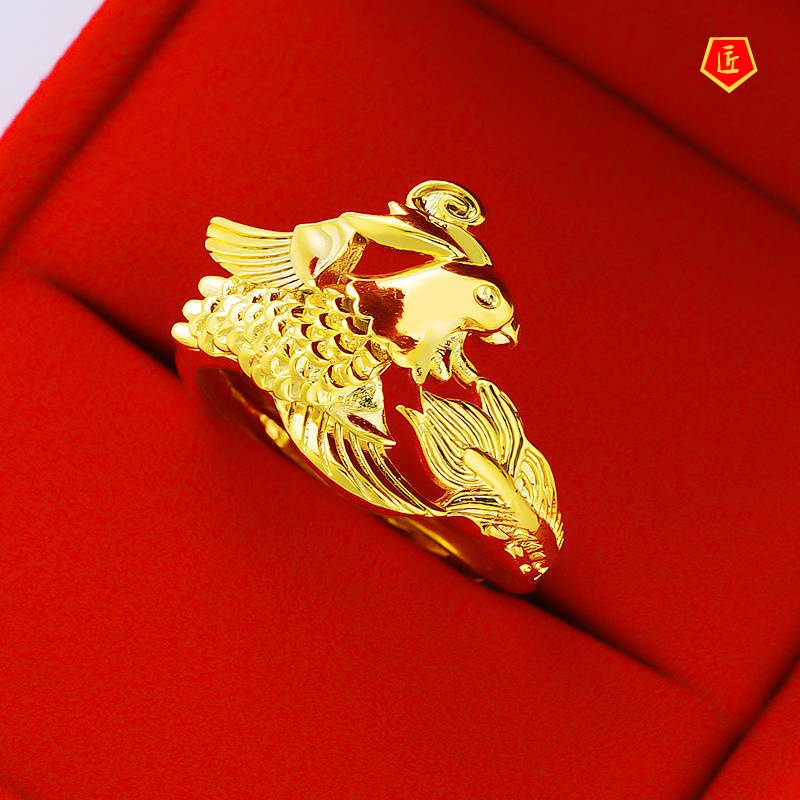 [Ready Stock]3D Golden Dragon and Phoenix Couple Ring Refined Grace