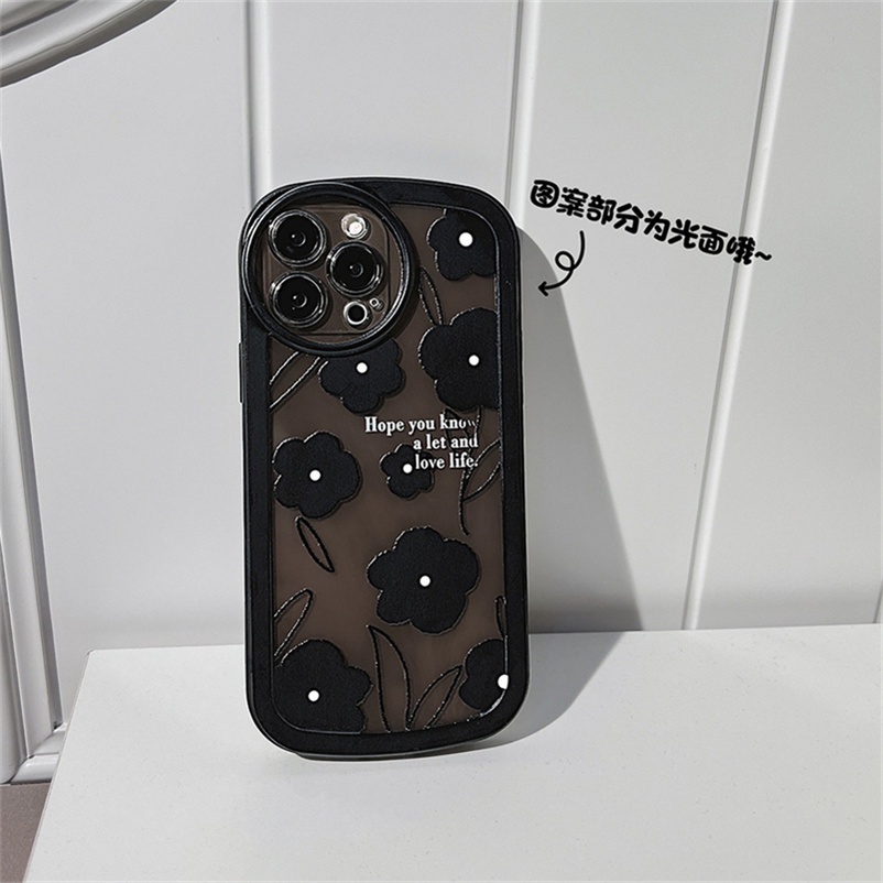 Soft Case Pelindung Penuh Motif Bunga Hitam Translucent Tahan Banting Untuk Compatible for iPhone 14 13 12 11 Pro Max SE Xr X Xs Max iPhone 7 8 6 6s Plus Black Translucent Flower Phone Case Full Cover Soft Frame Shockproof Phone Protective Cover