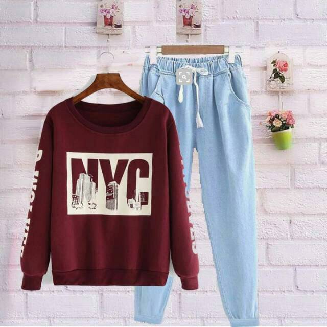 OTIN FASHION BAJU SETELAN WANITA  NYC MAROON CELANA  POLOS 