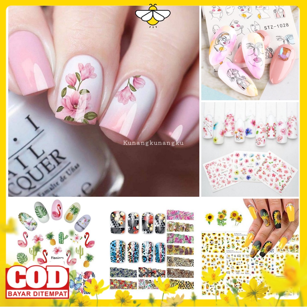 Stiker Kuku Transfer air Bunga Daisy Sun flower Embos Nail Sticker Water Decals Abstrak Kuku Palsu Hiasan Kuku