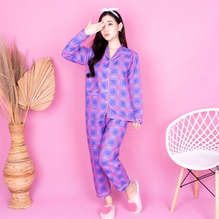 SF - Setelan Piyama Baju Tidur Wanita Lengan Pendek Panjang Guilen Kotak Pajamas Cewek Dewasa Kekinian-PP GUILEN UNGU