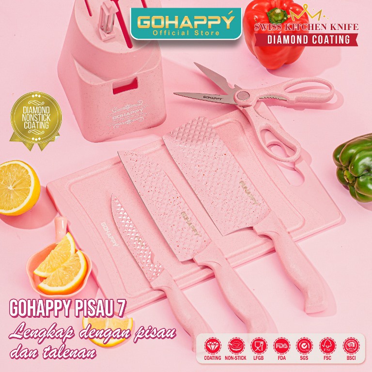 Pisau Set GOhappy Diamond Knife Telenan Gunting Set Pink Free Holder Pisau Cantik