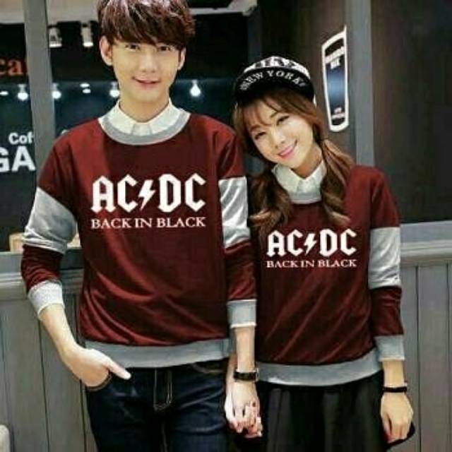 Kaos Couple ACDC maroon grey lengan panjang Baju Pasangan marun Kasual spandex Korea Style kasual