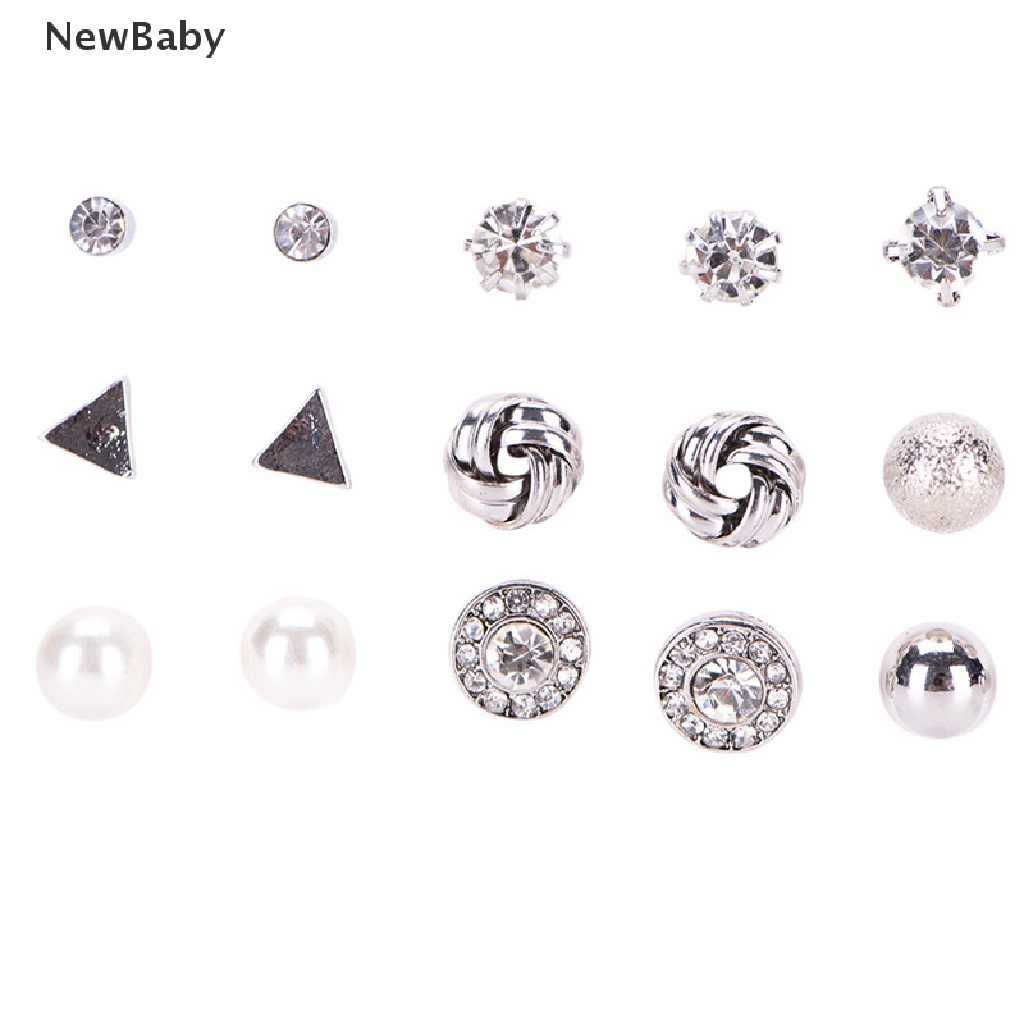 12 Pasang / Set Anting Stud Bentuk Hati Segitiga Aksen Mutiara Kristal Untuk Wanita