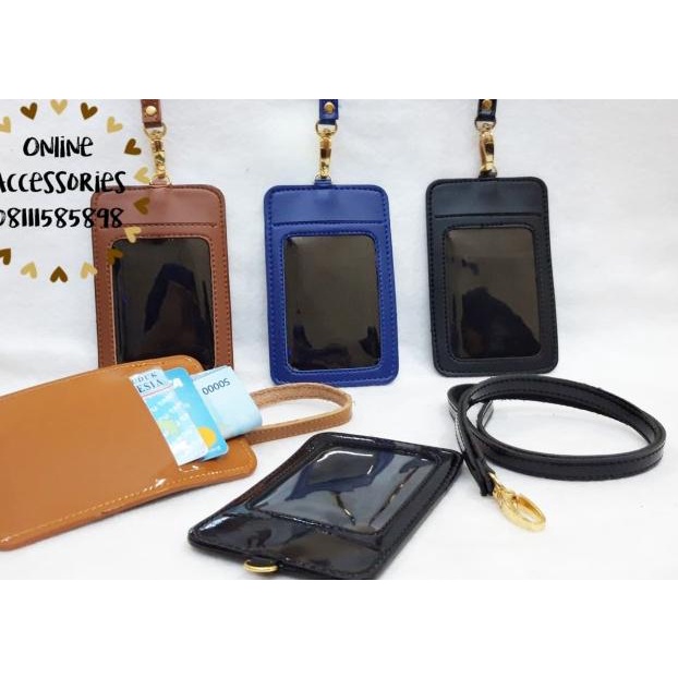 

► Name Tag id card holder tali kulit 4 slot card Tali Kalung - HITAM DOP ➫
