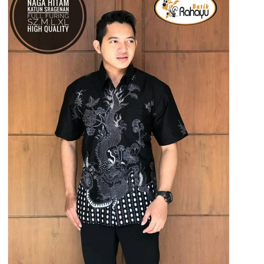 SALEE.. Naga Hitam RAHAYU Kemeja batik pria motif naga abu hitam lengan pendek berfuring kemeja prem