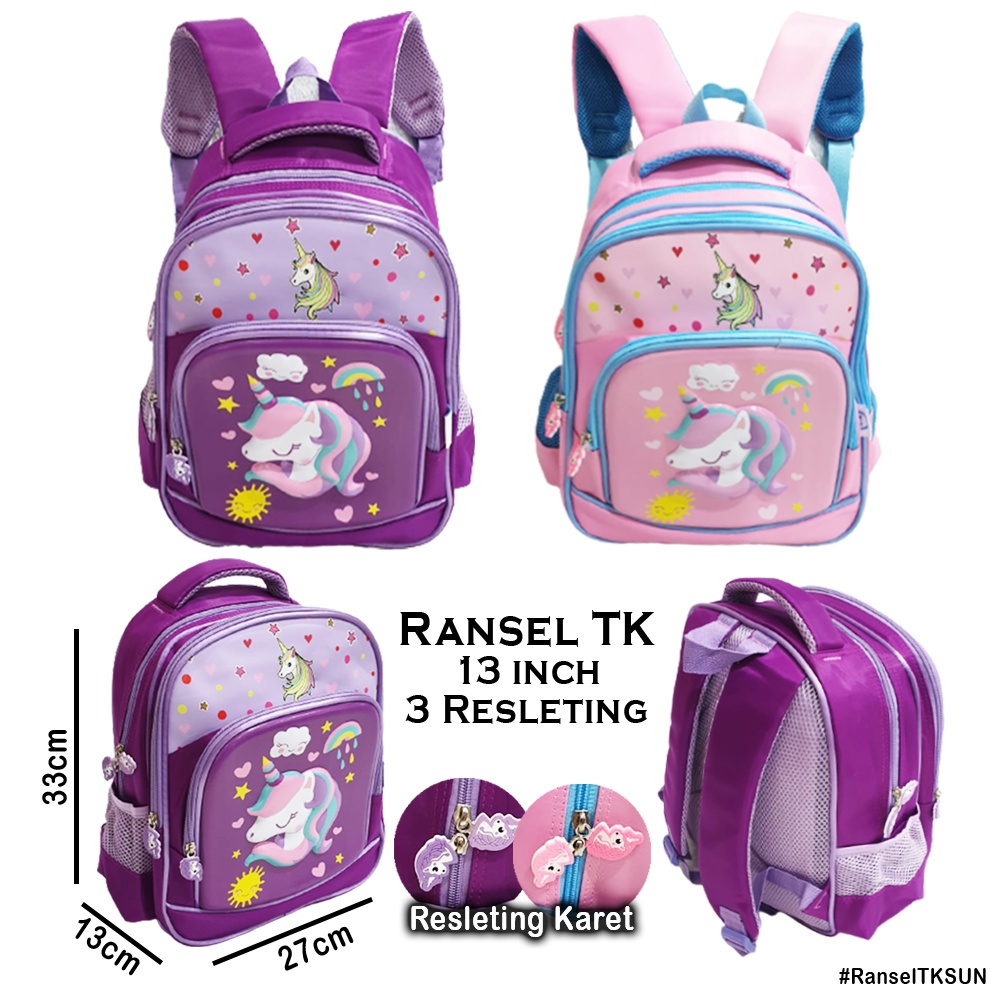 SALE TAS RANSEL ANAK SEKOLAH PEREMPUAN TK KARTUN Kuda Ajaib EMBOS 3Resleting Karet IMPORT ( Sun Gemez Pirang Mite Snow Sweet Gogo Ice Cream 13&quot;  )