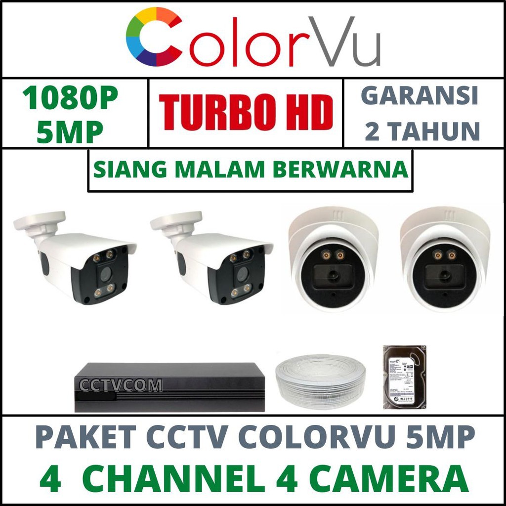 PAKET CCTV COLORVU -SIANG MALAM BERWARNA 4 CHANNEL 4 CAMERA 5MP IC SONY 1080P KOMPLIT TINGGAL PASANG