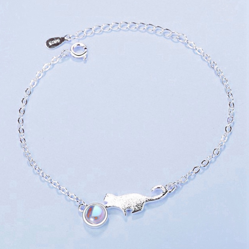 Fancyqube Gelang Tangan Sterling Silver 925 Desain Hewan Kucing Lucu Hias Kristal Moonstone Untuk Wanita