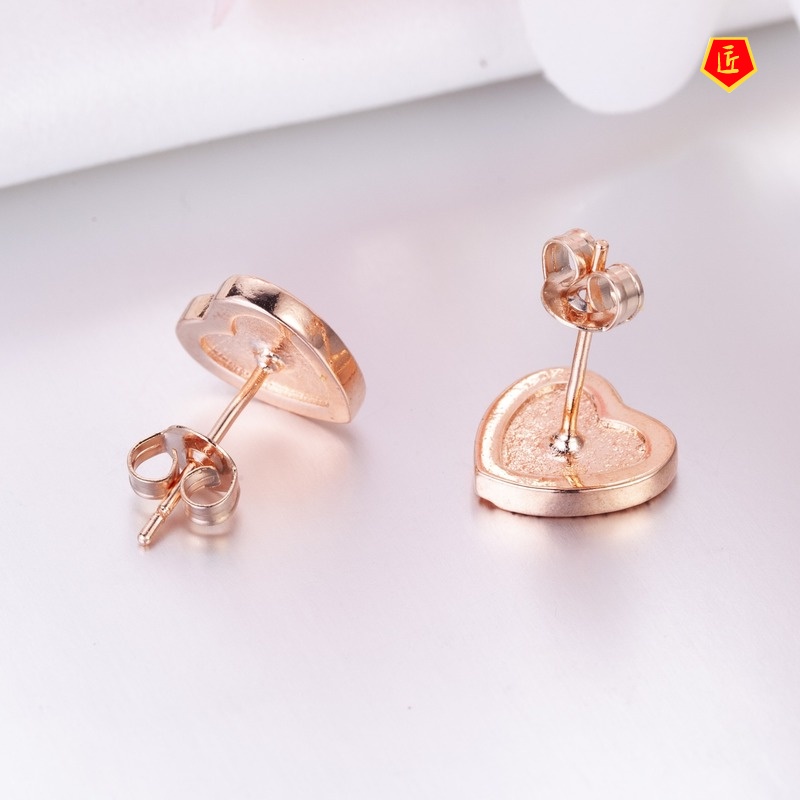 [Ready Stock]New Full Diamond Heart-Shaped Earrings 18K Rose Gold