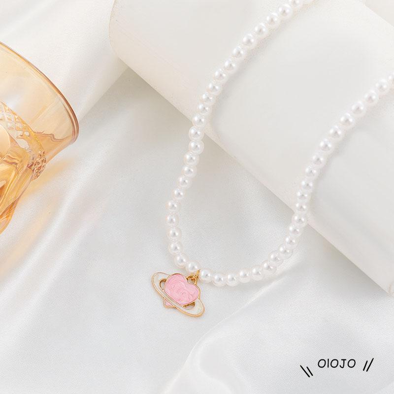 【COD】Kalung Rantai Dengan Liontin Hati + Planet Warna Pink Untuk Wanita