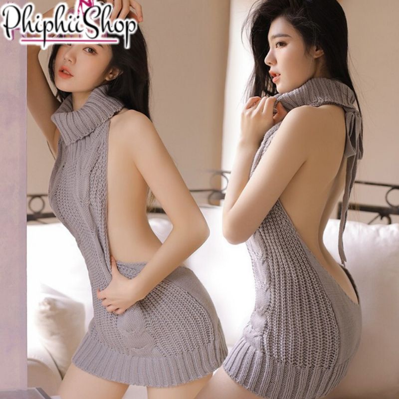 Sweater Virgin Killer Backless Halter neck Sexy Korea Cosplay Dress Rajut