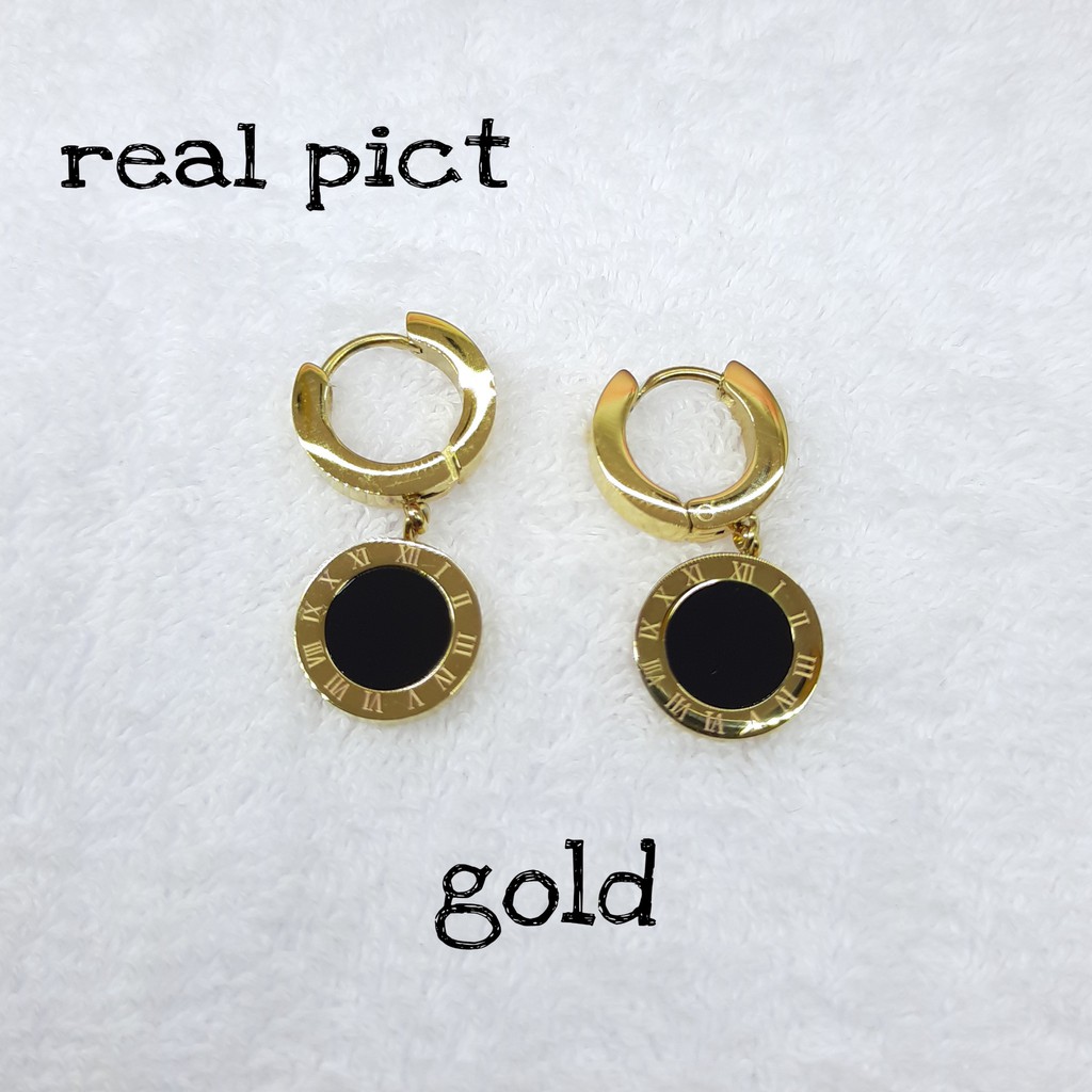 Anting Jepit Titanium B&lt;lgr Huruf Romawi Bulat Untuk Wanita Warna Rose Gold, Gold dan Silver