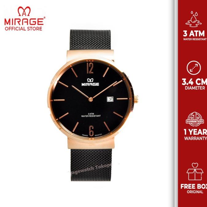 JAM TANGAN WANITA MIRAGE HITAM ROSEGOLD TALI PASIR 8624M pH barang ada