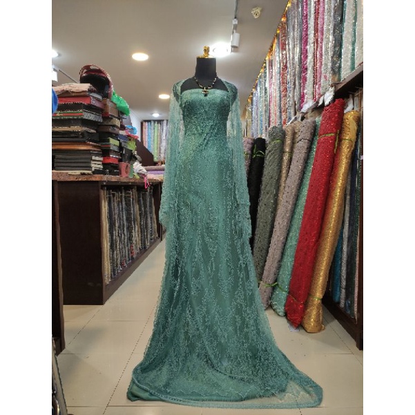 Kain Brokat Tile Chantily New Motif Sapto Akar Hijau Wardah (300cm X 165cm).