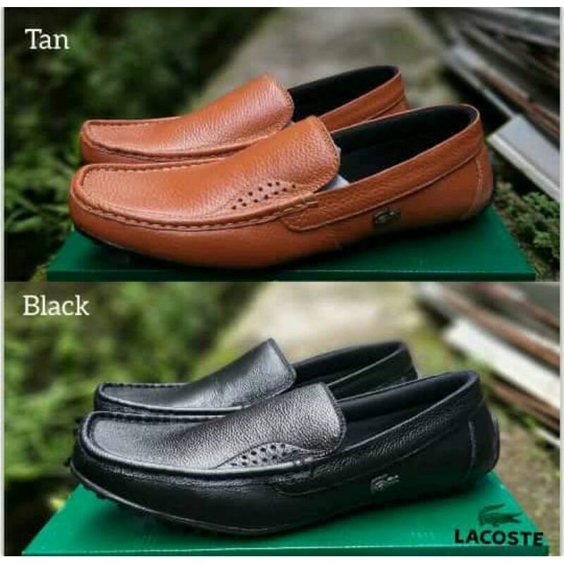 Sepatu selop pria sepatu slip on Lacoste bahan kulit sapi ada tiga warna hitam tan putih