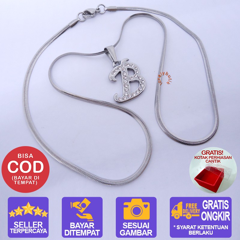 Lovelybutik Honey Kalung Huruf Titanium Anti Karat Inisial B Uk 45 cm BONUS KOTAK PERHIASAN