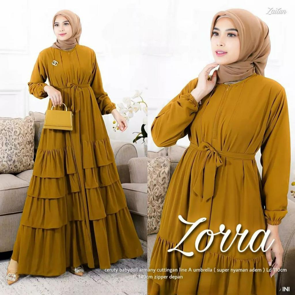 Gamis zorra dress bahan ceruty baby doll premium full furing / busui / resleting depan original